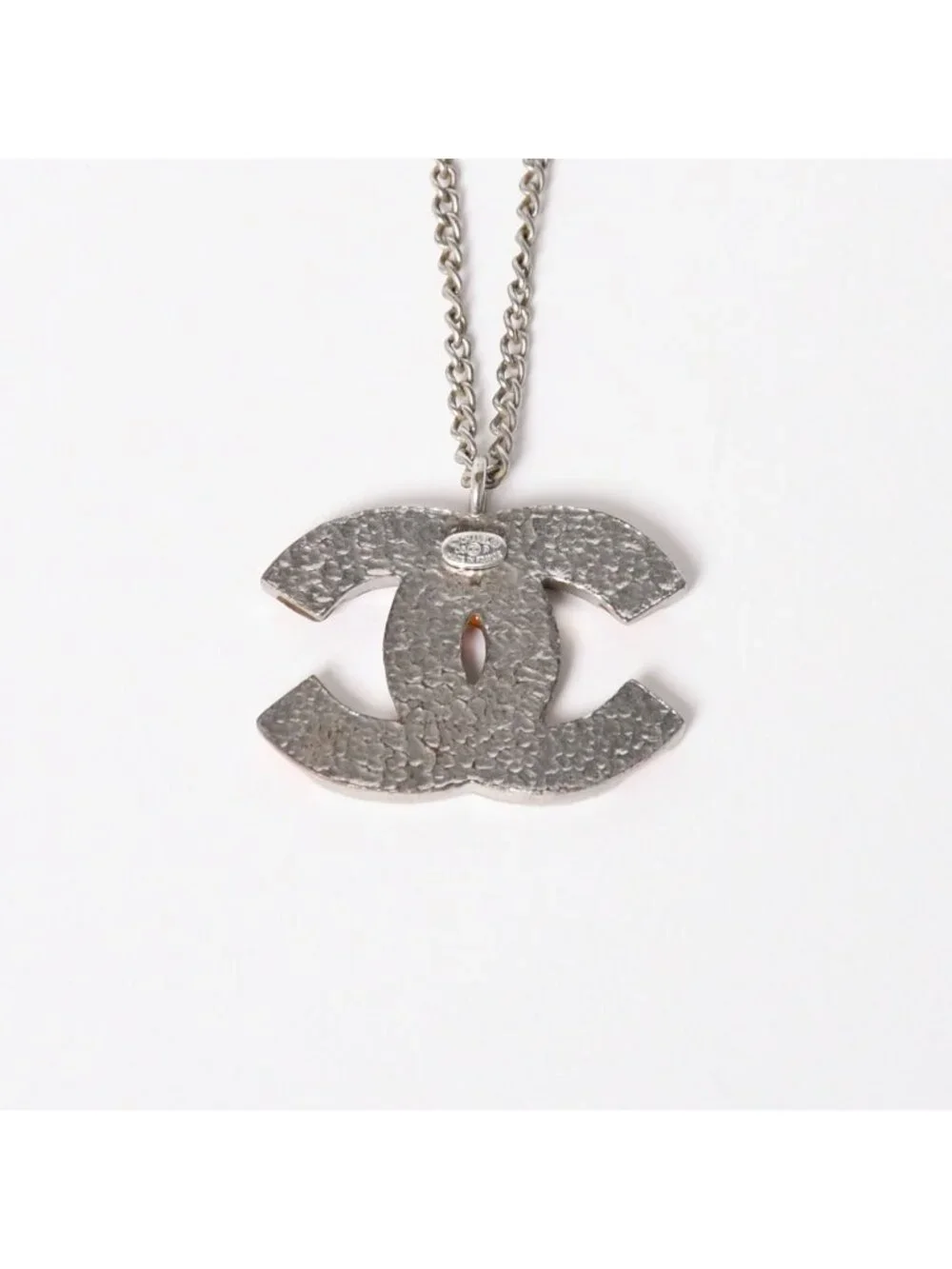 Chanel Necklace CC Logo Border Orange Pink Silver 05